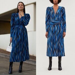 NWT HAPPY X NATURE 70s Puffed Long Sleeve Feather Print Wrap Tie Midi Dress M